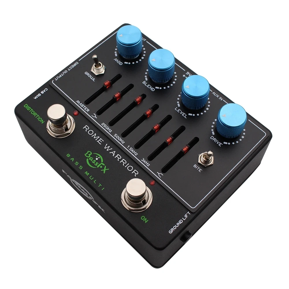 Fanmuzk ROME WARRIOR Analog Bass Preamp Pedal 6-Band Graphic EQ Distortion DI Box Headphone Out Aux-In for Bass Players