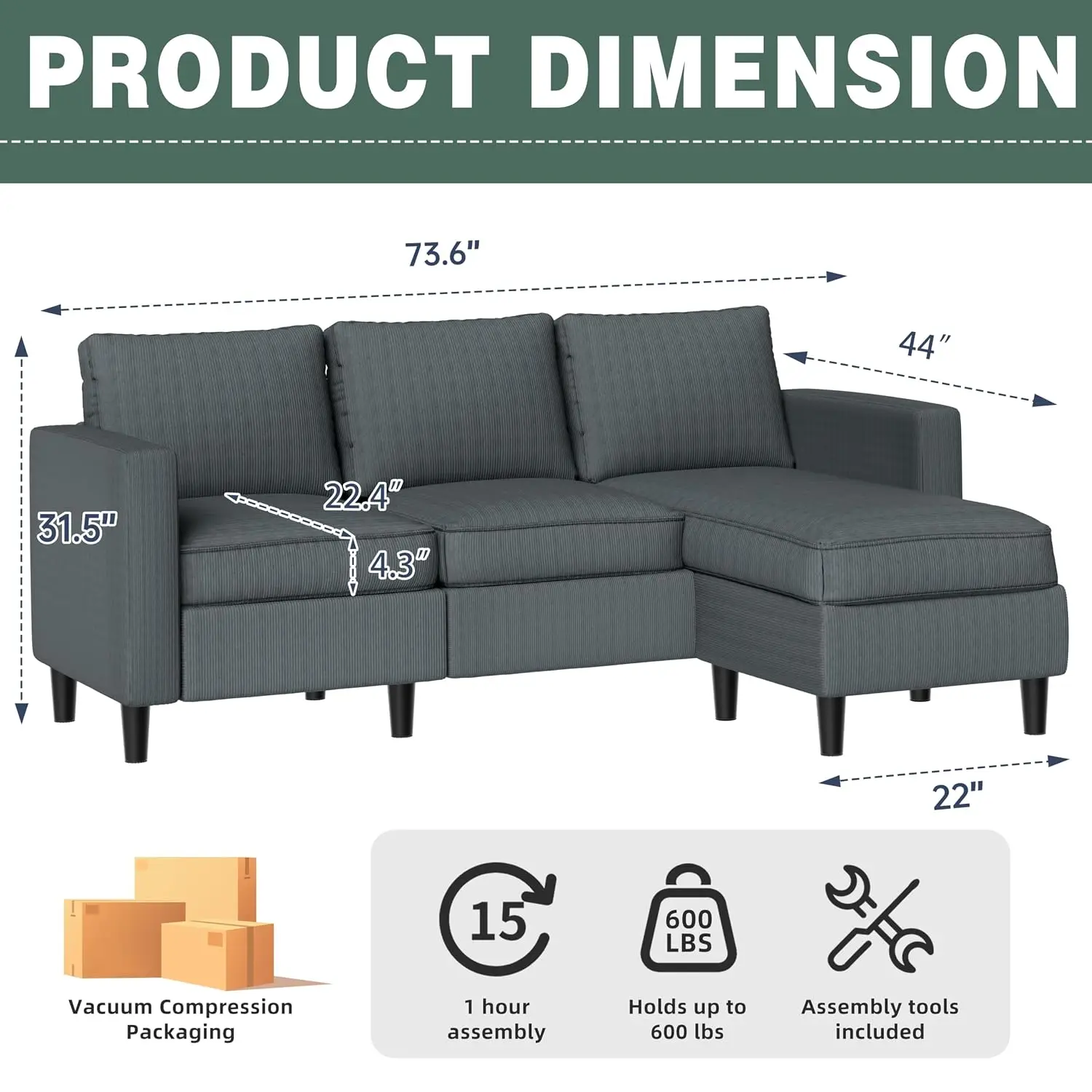 L-Shaped Sectional Couch, Modern Grey Reversible Sectional Sofa with Reversible Ottoman, 3-Seat Sectional Couches, Customized