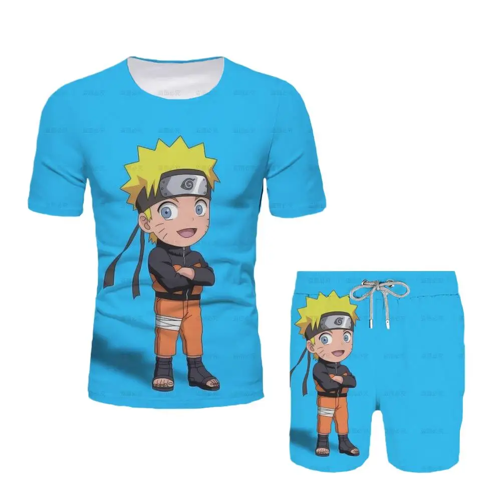 

New 2025 Japanese Cartoon Naruto T-shirt Men Top T-shirt Shorts Two-piece Set Summer Boy Cartoon Cute T-shirt+beach Pants
