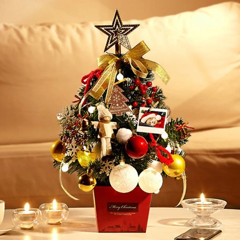 

Small Pendant Mini Christmas Tree With Light Ribbon Bow Jingle Bell Tabletop Artificial Christmas Tree Ornaments Star