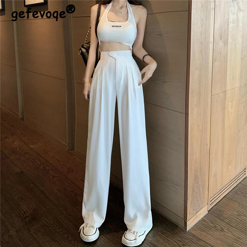 

Korean Fashion Casual Y2k Streetwear Straight Wide Leg Trousers 2023 Spring Summer Solid High Waist Harajuku Pleated Suit Pants