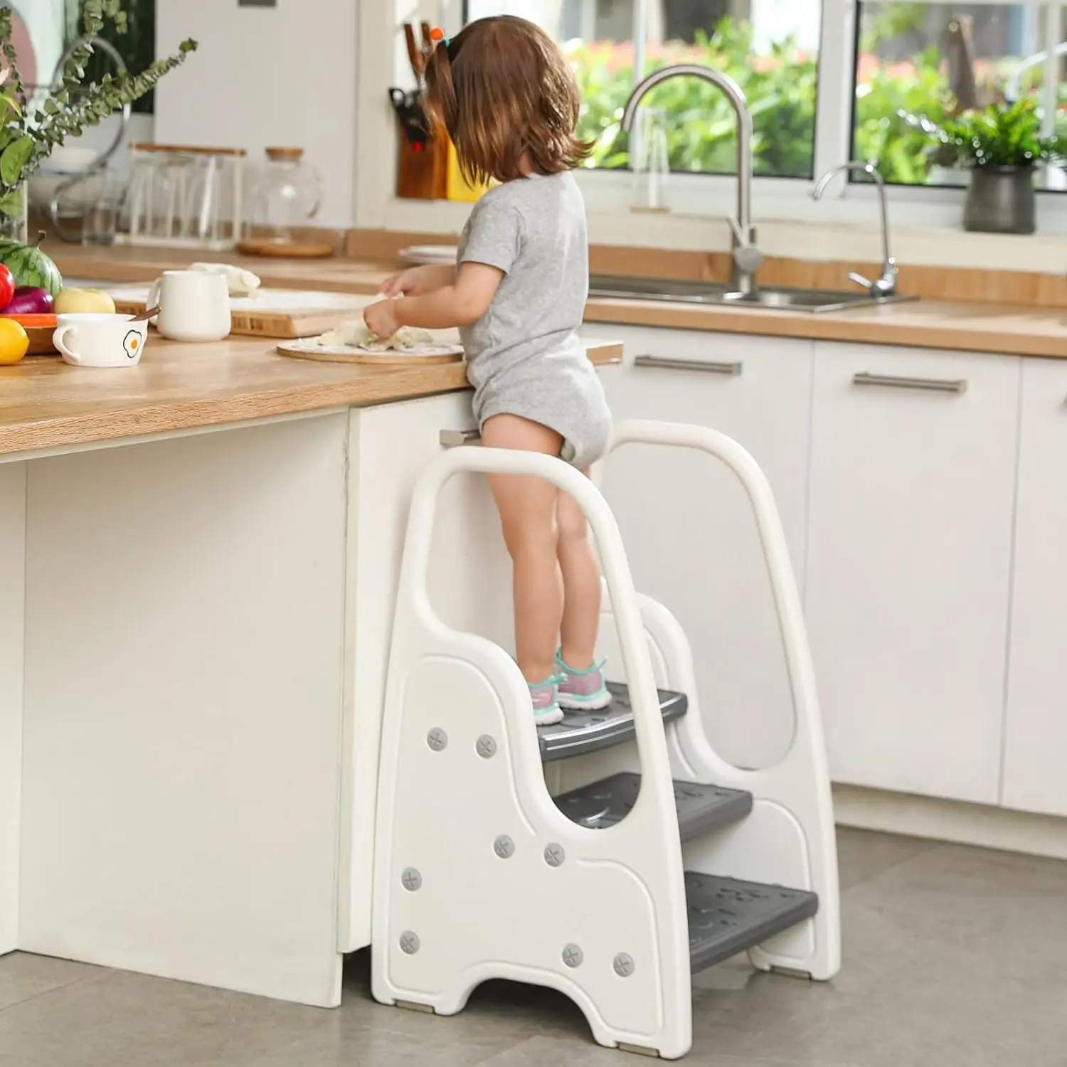 

3 Step Stool With Handle For Toddler And Kids, Adjustable 3 Step Stool For Kids With Handles And Safety Non-Slip Pads,Standing