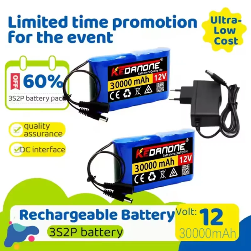

⚡⚡12V 3S2P 30Ahrechargeable battery pack suitablefor LED monitoring, smart speaker, mascot fan operation+12.6V⚠1A cha