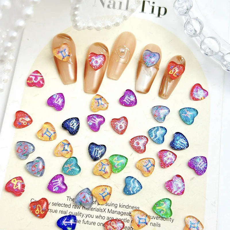 50PCS Mixed Colors Resin Heart Nail Charms 3D Sparkling Dream Constellation Nail Art Decoration Manicure DIY Crafts Accessories