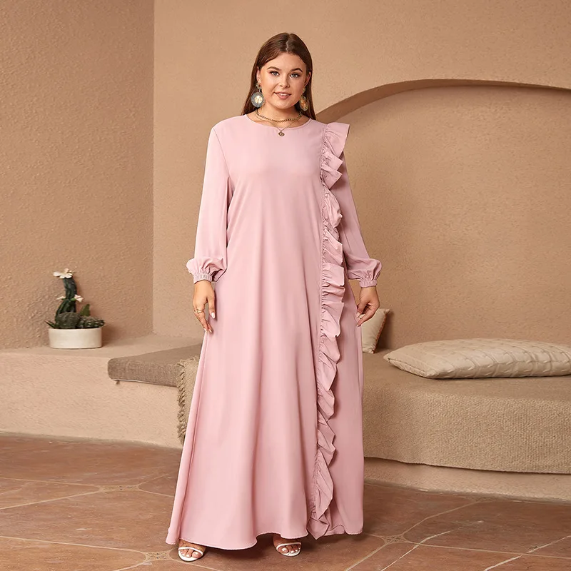 Kaftan Robe Muslim Matte Satin Solid Color Wood Ear Edge Long Sleeved Round Neck Large Women Causal Summer Maxi Dress Party