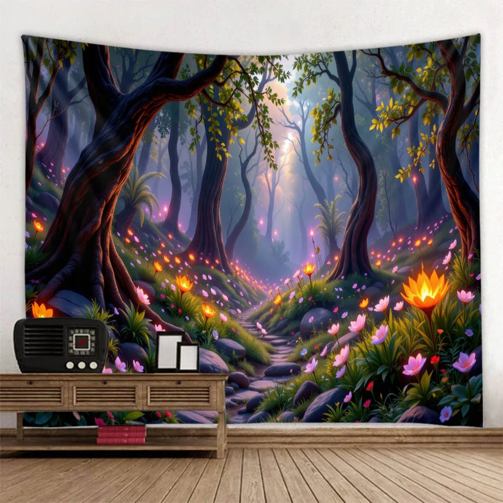 

Wonderland, psychedelic forest, tapestry, glowing flowers, dreamy fabric murals, bedroom, living room, dormitory decoration