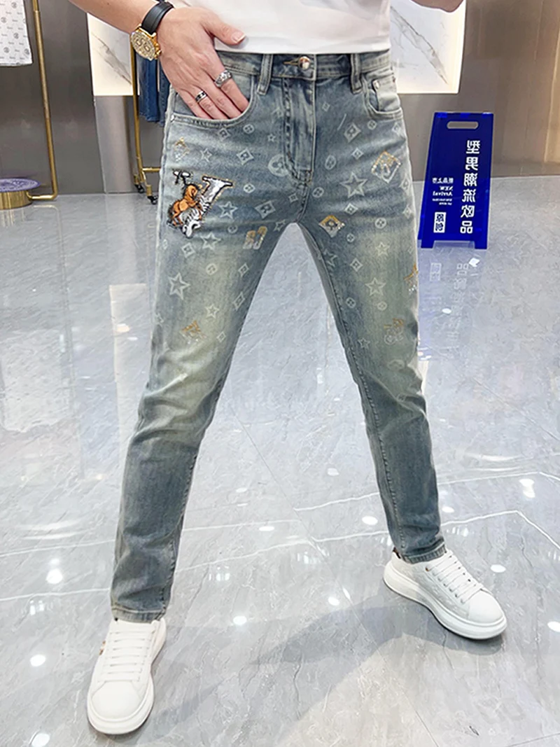 

Spring Summer Men's Slim Fit Jeans Embroidered Print Casual Trendy Light Colored Sli Small Straight Leg Long Pants
