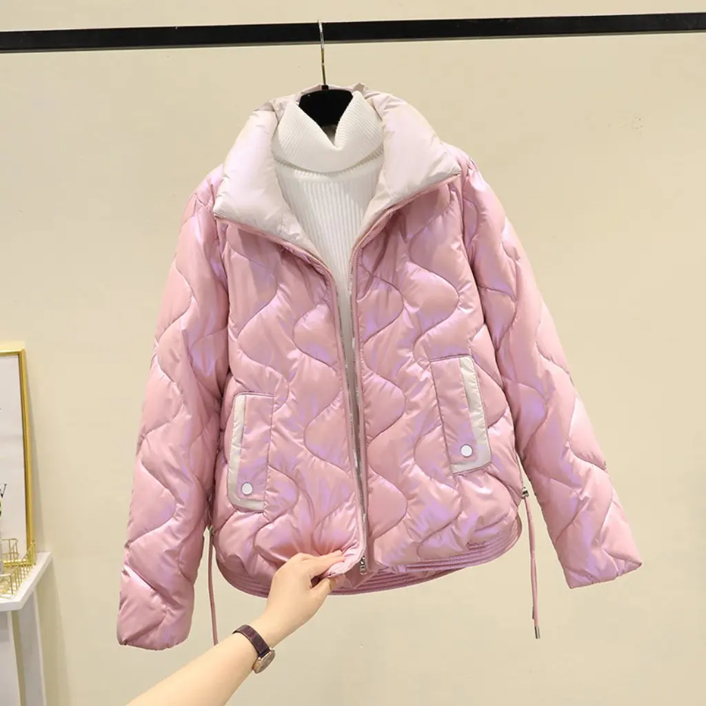 

Women's Fashionable Short Cotton-Padded Jacket Winter Stand Collar Ribbon Design Small Diamond Plaid Two-Sided Stand Collar