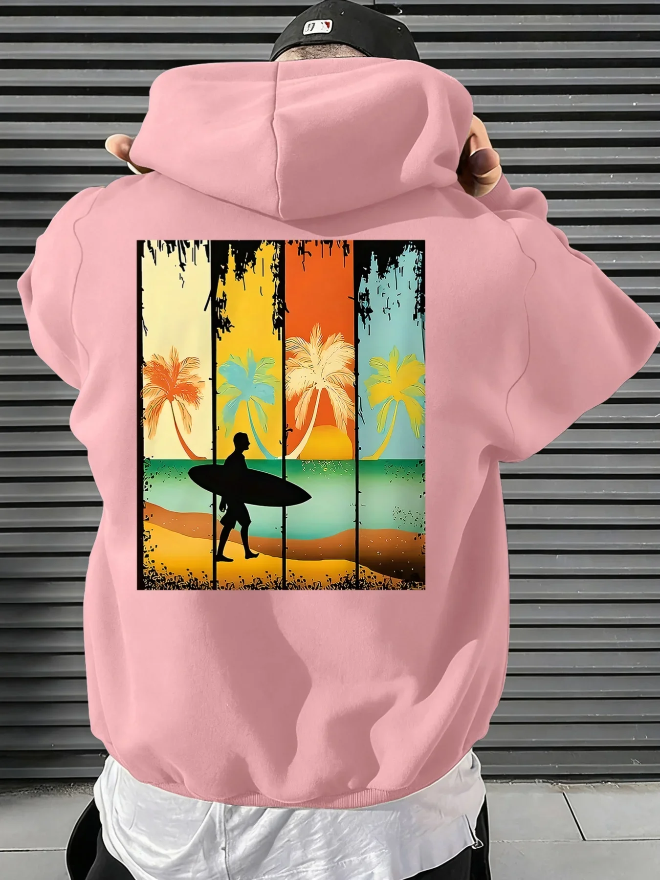 Men Vintage Surfer Beach Palm Tree Graphic Hoodie, Retro Distressed Panel Ocean Print Pullover Hoodies, Casual Loose Streetwear