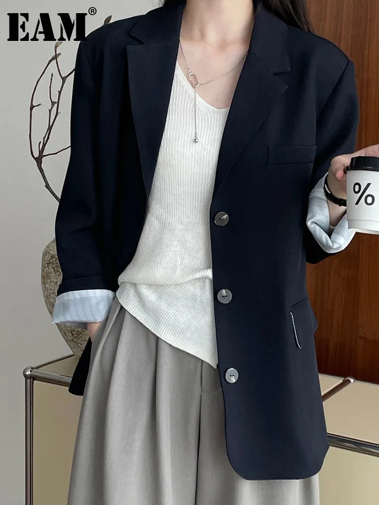 

[EAM] Women Navy Blue Side Slit Big Size Elegant Blazer New Lapel Long Sleeve Jacket Fashion Tide Spring Autumn 2024 1DH6914