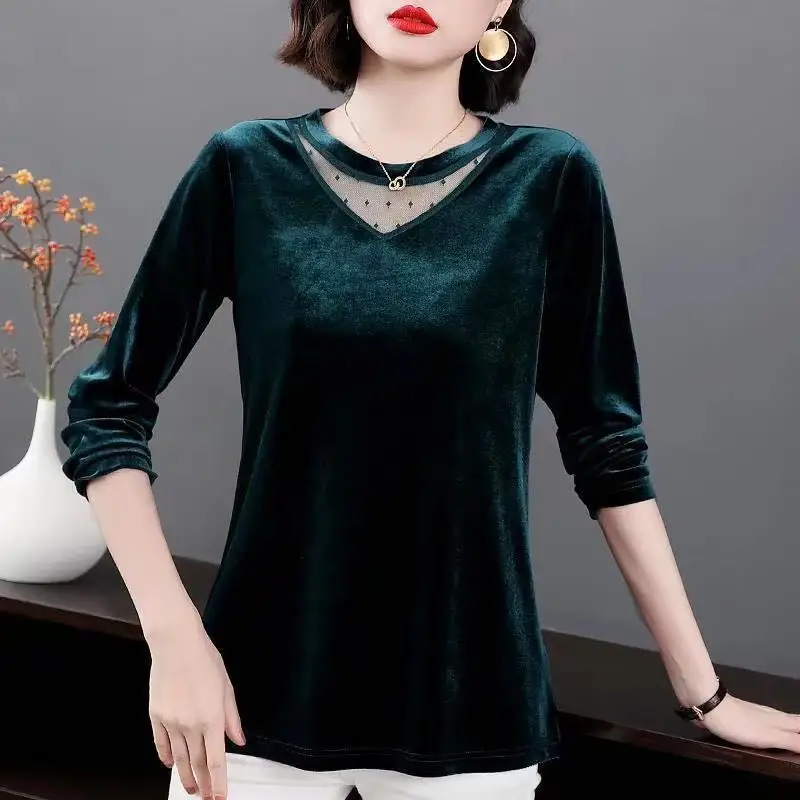 Oversized 5XL Mom Pleuche Mesh Causal T-Shirts Spring Loose Vintage Tops Chic Long Sleeve Tees Korean Fashion Bottoming Shirt