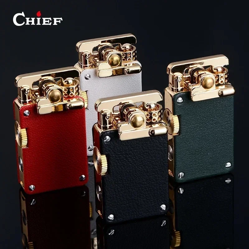 CHIEF Metal Retro Grinding Wheel Windproof Rocker Arm Kerosene Lighter Classic Engraved Leather Personalized Gift For Boyfriend