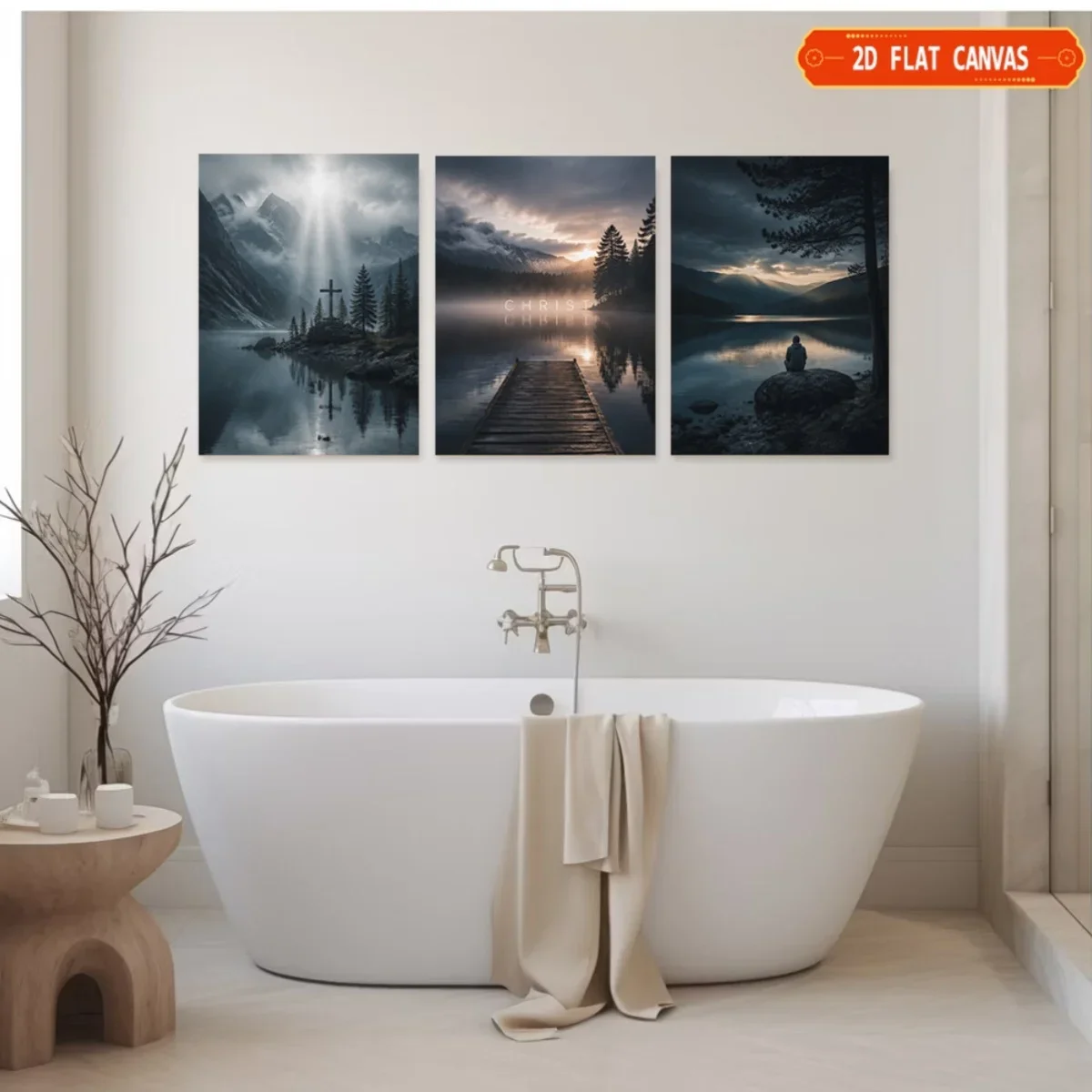 Frameless [2D Flat] 3pcs Christian Cross Mountain Lake Canvas Wall Art, Faith Spiritual Misty Forest Landscape Painting, Reli