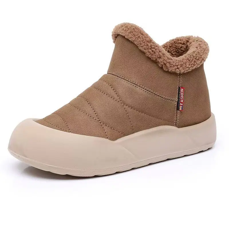 

Women's Winter New Leather Low Top Slip On Snow Boots Thick Sole Non Slip Thickened Plush Warm Waterproof Round Toe Cotton Boots