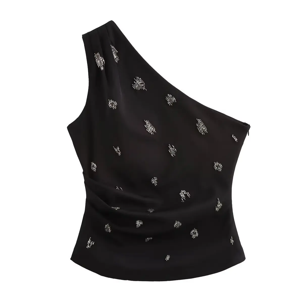 2025 New Women Sexy Single Shoulder Pearl Beading Asymmetrical Blouse T-shirt Summer Women Side Zipper Slim Shirts Chic Tops