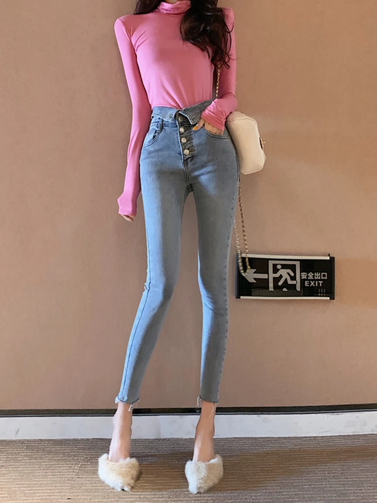 2023 New Autumn Spring Slim Fit Skinny Pants Ultra High Waist Slimming Breasted Jeans Jeans Women's Fashion