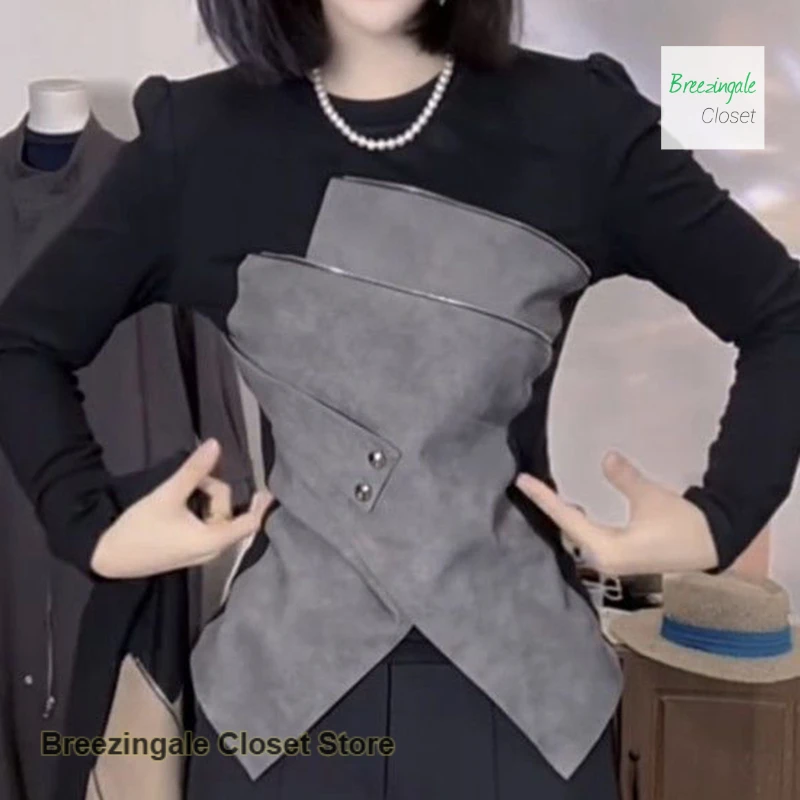 

Korean style fashion irregular pleated round neck long sleeve T-shirt autumn and winter new temperament waist bottoming shirt