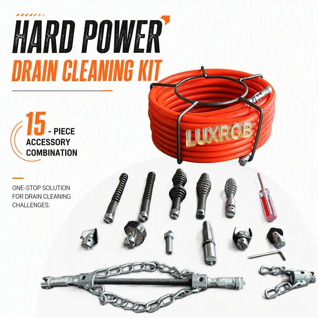 Drain Snake Cleaning Kit 13.5mm PE Pipe 15Pcs Quick‑Connect Sewer Auger Drill‑Compatible for Sink Toilet Kitchen Bathroom