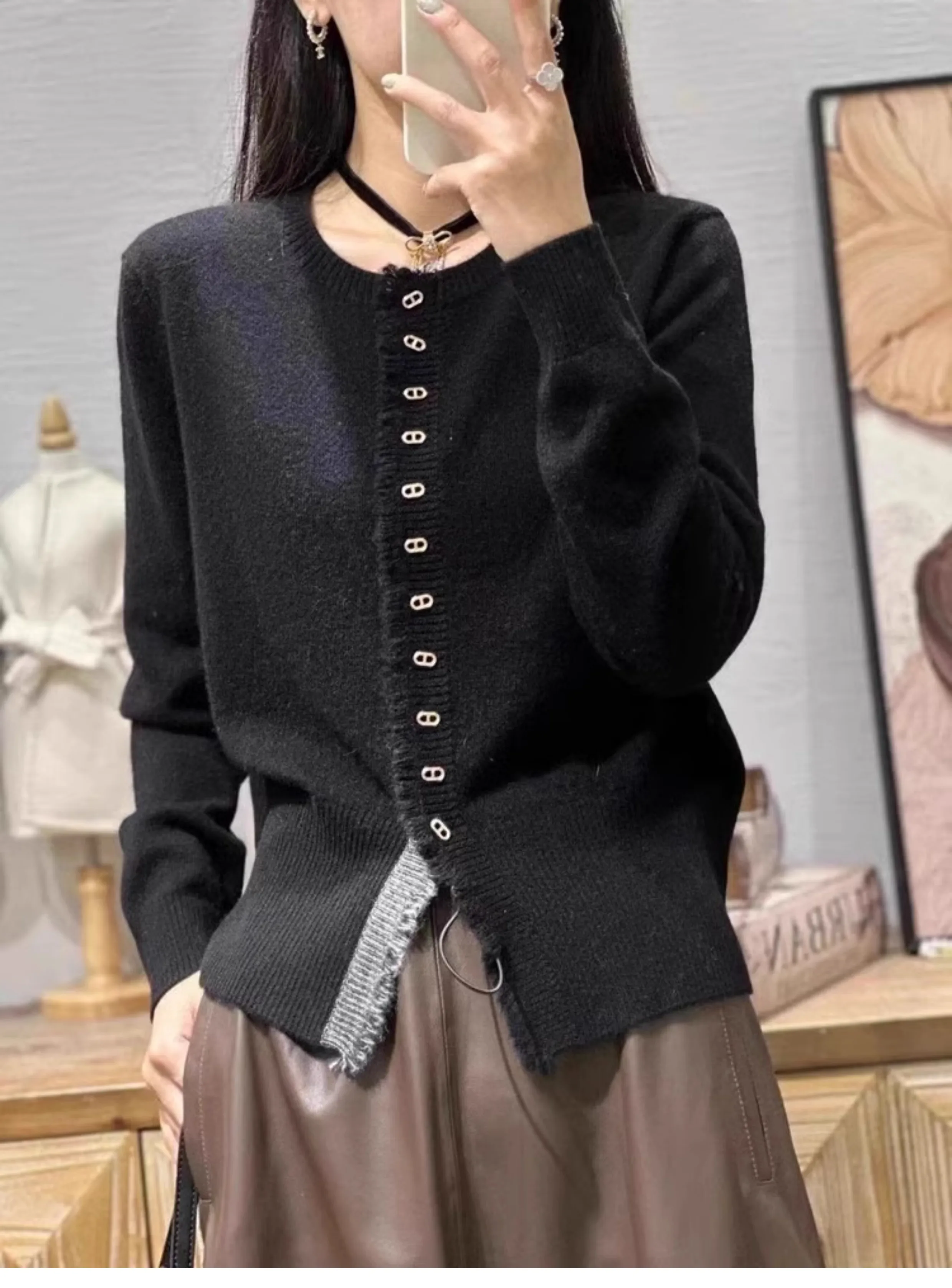 Spring and Autumn New 100% Pure Wool Cardigan Sweater Women\'s Round Neck Cardigan Fashion Knitted Tassel Cardigan Coat Thin Top