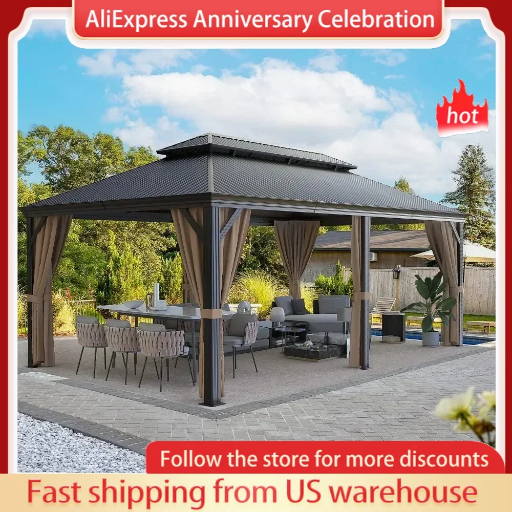 aluminum frame gazebo with netting and curtainsoutdoor galvanized steel double roof canopy 12'x20' hard-top metal gazebo,