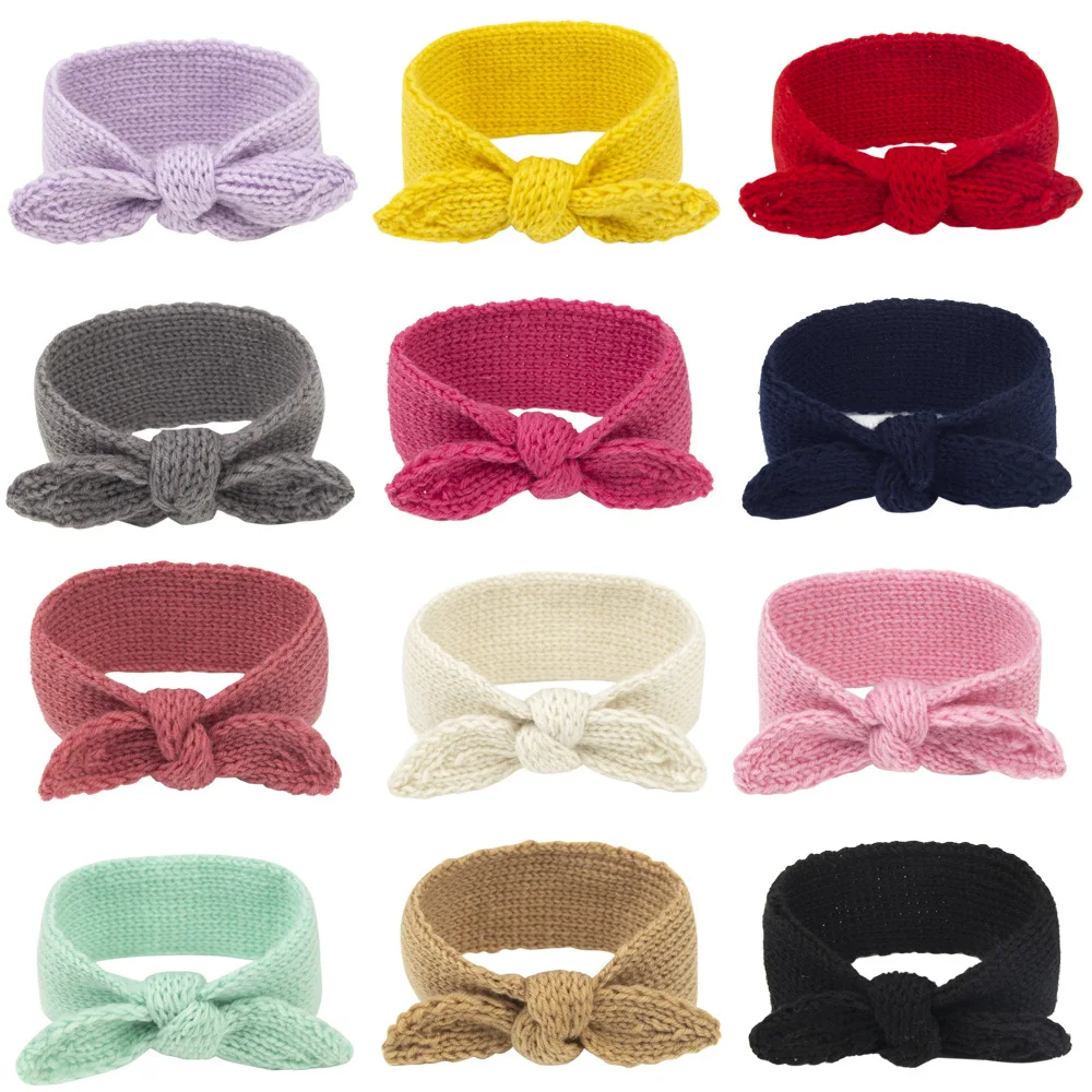 Autumn/Winter Children's Wool Headband Solid Color Rabbit Ears Elastic Knit Headband 12 Colors Optional Bow Hair Accessories