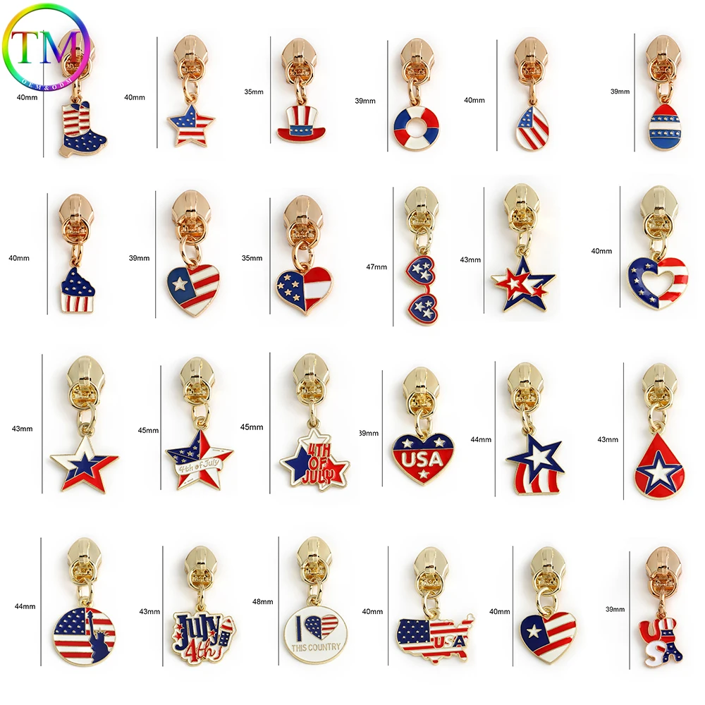 10/50/100PCS Light gold USA Independence Day Flag 5# Zipper Head Puller Slider For Nylon Bags Garment Souvenir Gift Accessories
