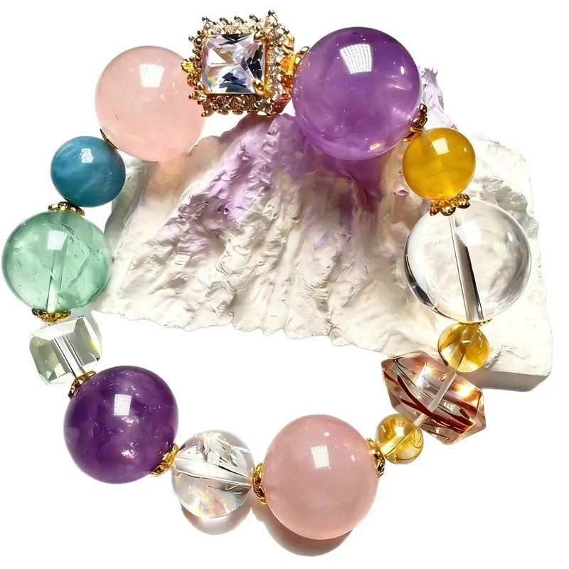 Liuyun Crystal Song-18mm Pure Natural Bead Bracelet Amethyst Powder Crystal Aquamarine Green Fluorite Black Gold Ultra Yellow