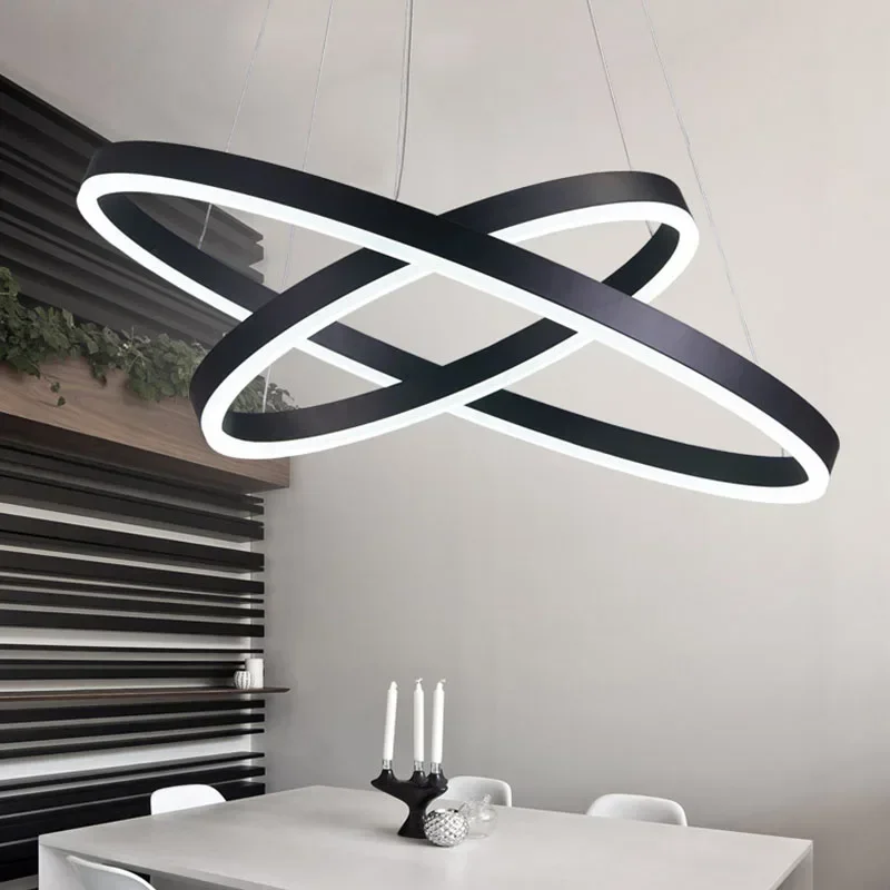 Black White Color Modern Pendant Lights for Living Room Dining Room 3/2/1 Circle Rings LED Lighting Pendant Light