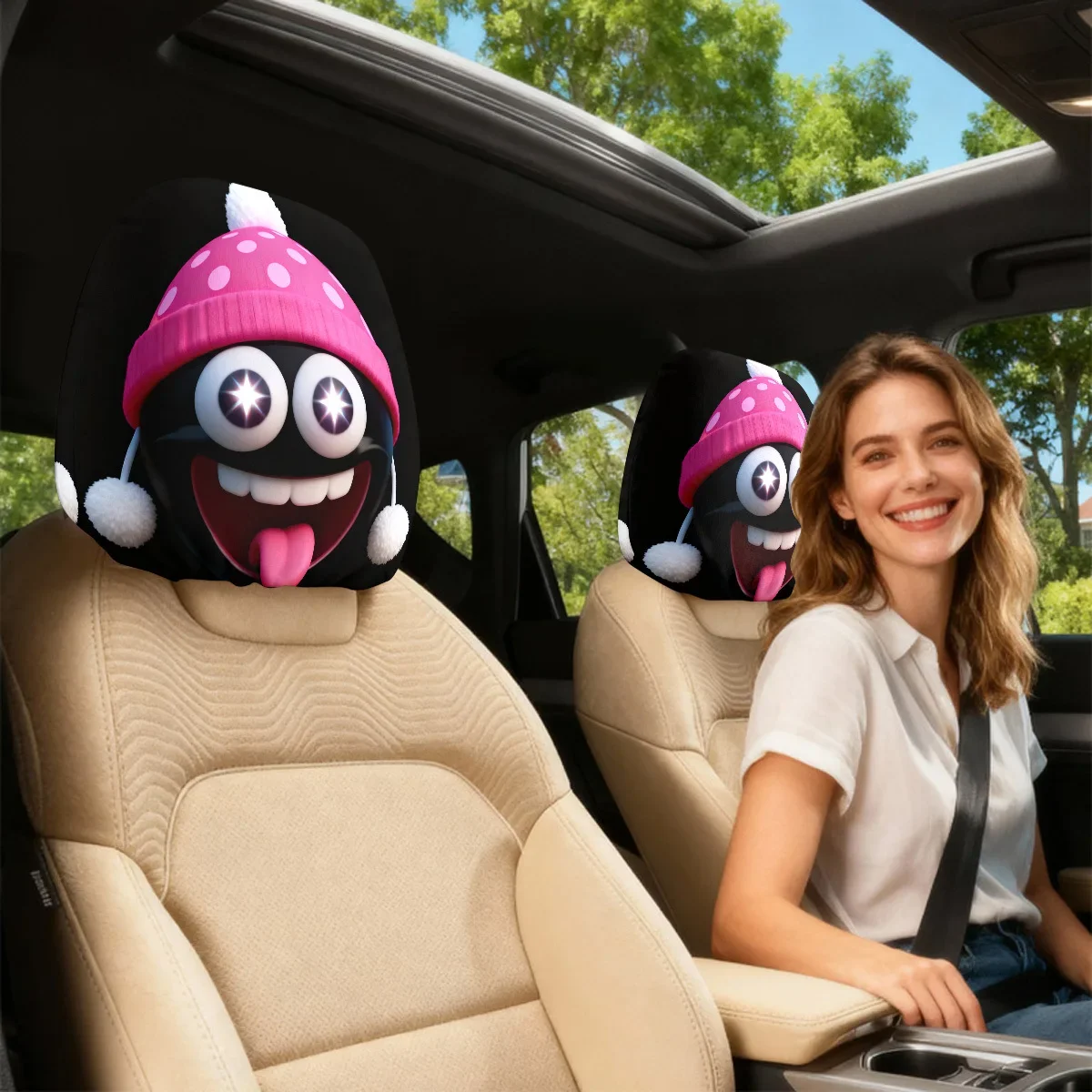 Winter Limited Edition Pink Woolen Cap Pattern Breathable Car Decoration Headrest Cover Two Piece Set Retractable Holiday Gift