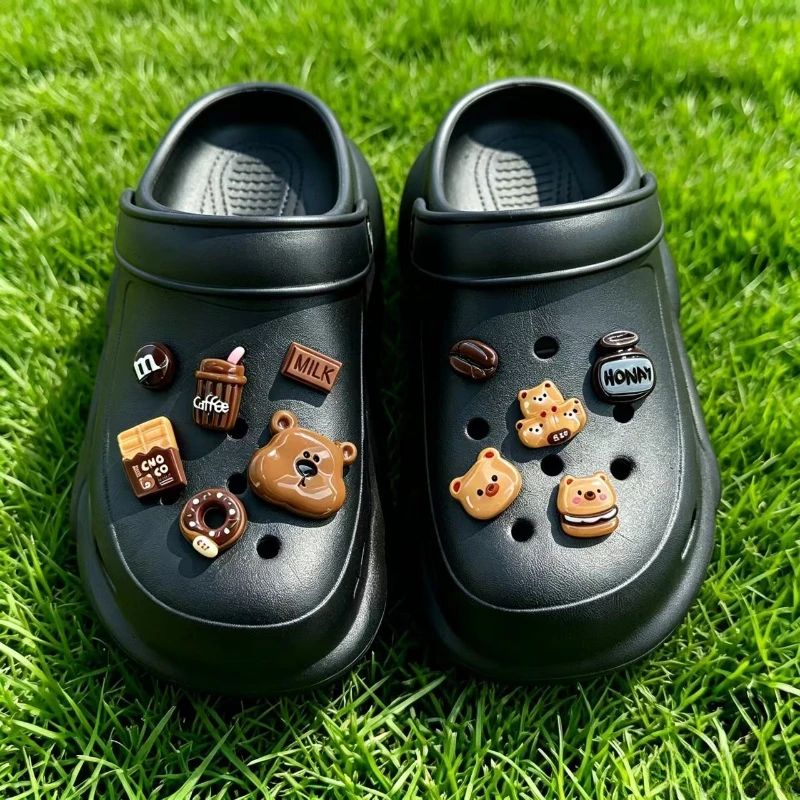 Cute Brown Bear Coffee Cookie Shoe Charms Set For Clogs Sandals, Sweet Food Themed DIY Shoe Decoration Accessories For Kids