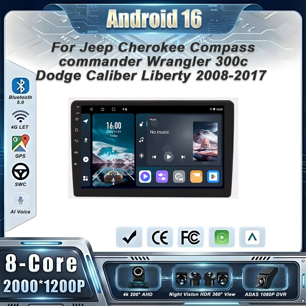 Radio GPS Android 16 de 9 pulgadas para Jeep Cherokee, Compass, Commander, Wrangler, 300c, Dodge Caliber, Liberty 2008-2017, Carplay, DVD