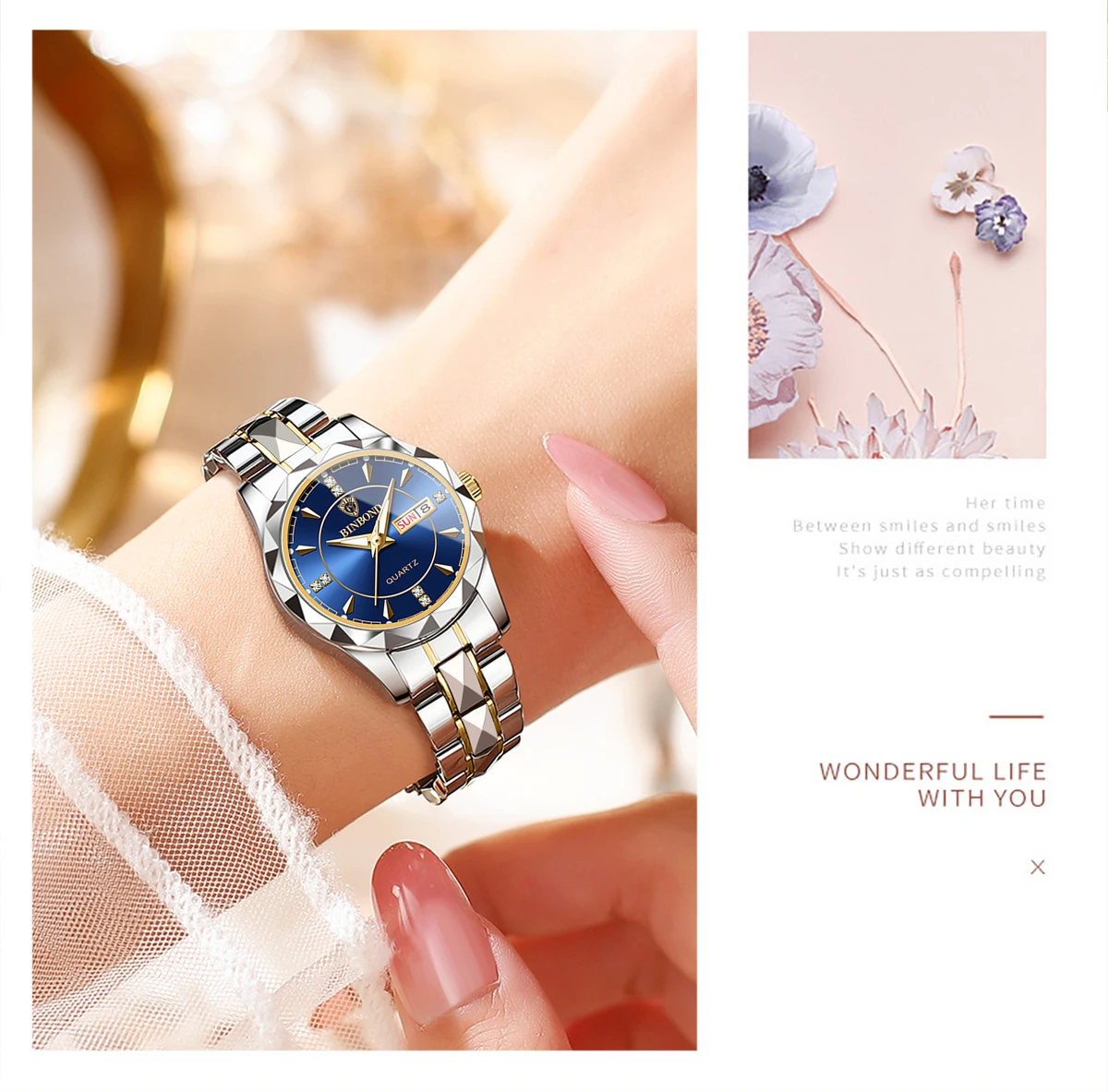 BINBOND Luxus-Quarz-Armbanduhren für Damen, leuchtend, wasserdicht, Wochenanzeige, automatisches Datum, Damenuhren, modisch, lässig, Reloj – Detail 7