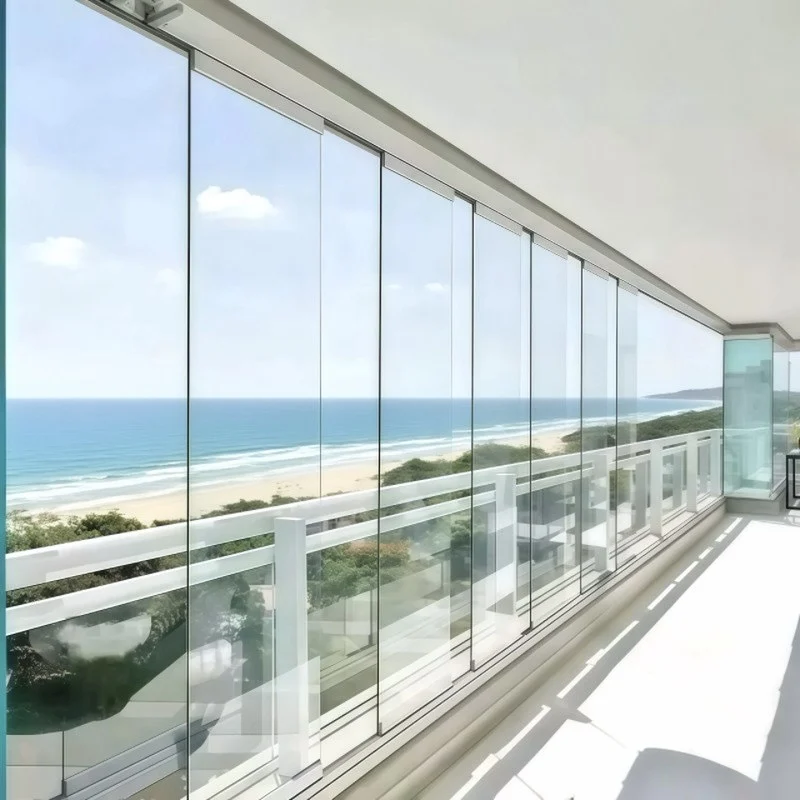 

Modern Frameless Folding Tempered Glass Balcony Sliding Partition Doors Aluminum Stacking Panoramic Accordion Bifold Design