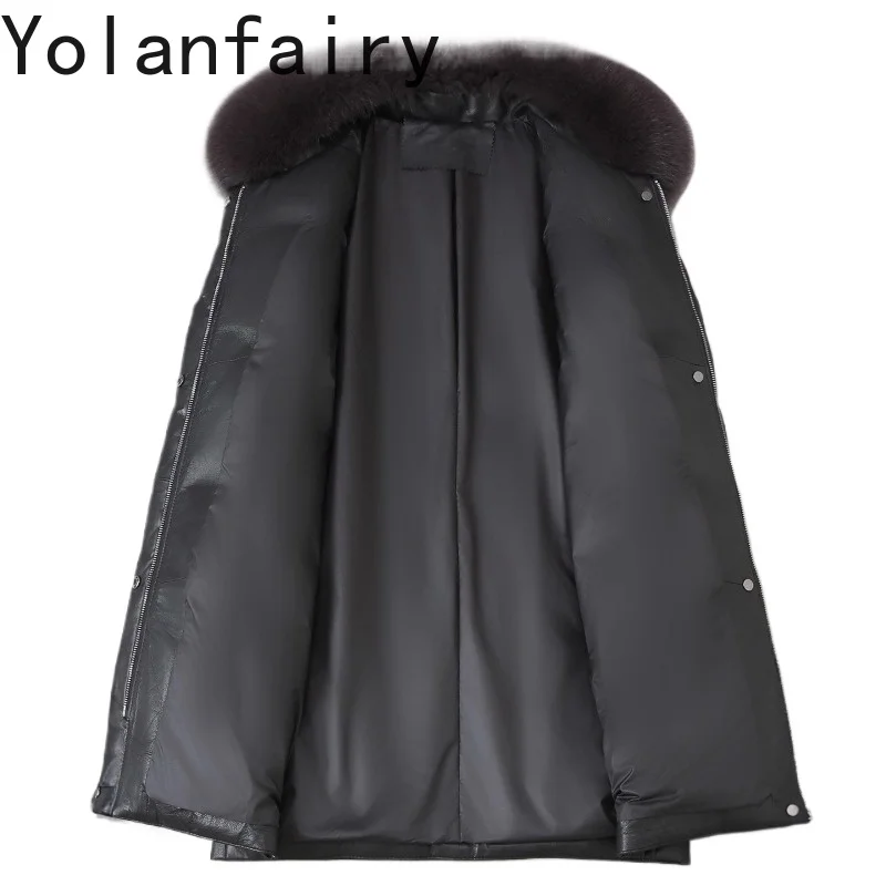 YOLANFAIRY Top Layer Sheepskin 100% Genuine Leather Down Jacket Women Winter Mid-length Warm Goose Down Coat Fox Fur Collar New