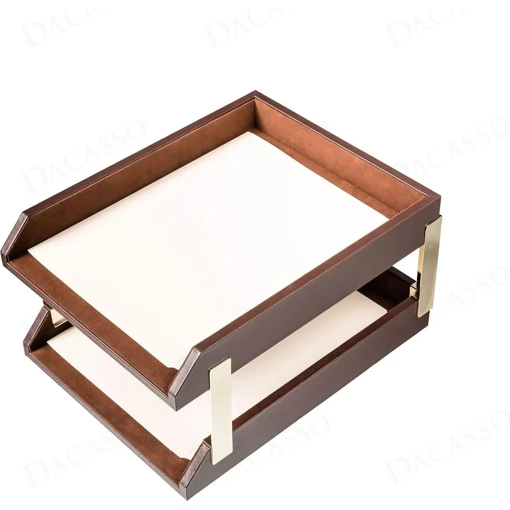 

Luxury Chocolate Brown Leather Double Letter Tray with Gold Posts - Executive Desk Organizer Protector