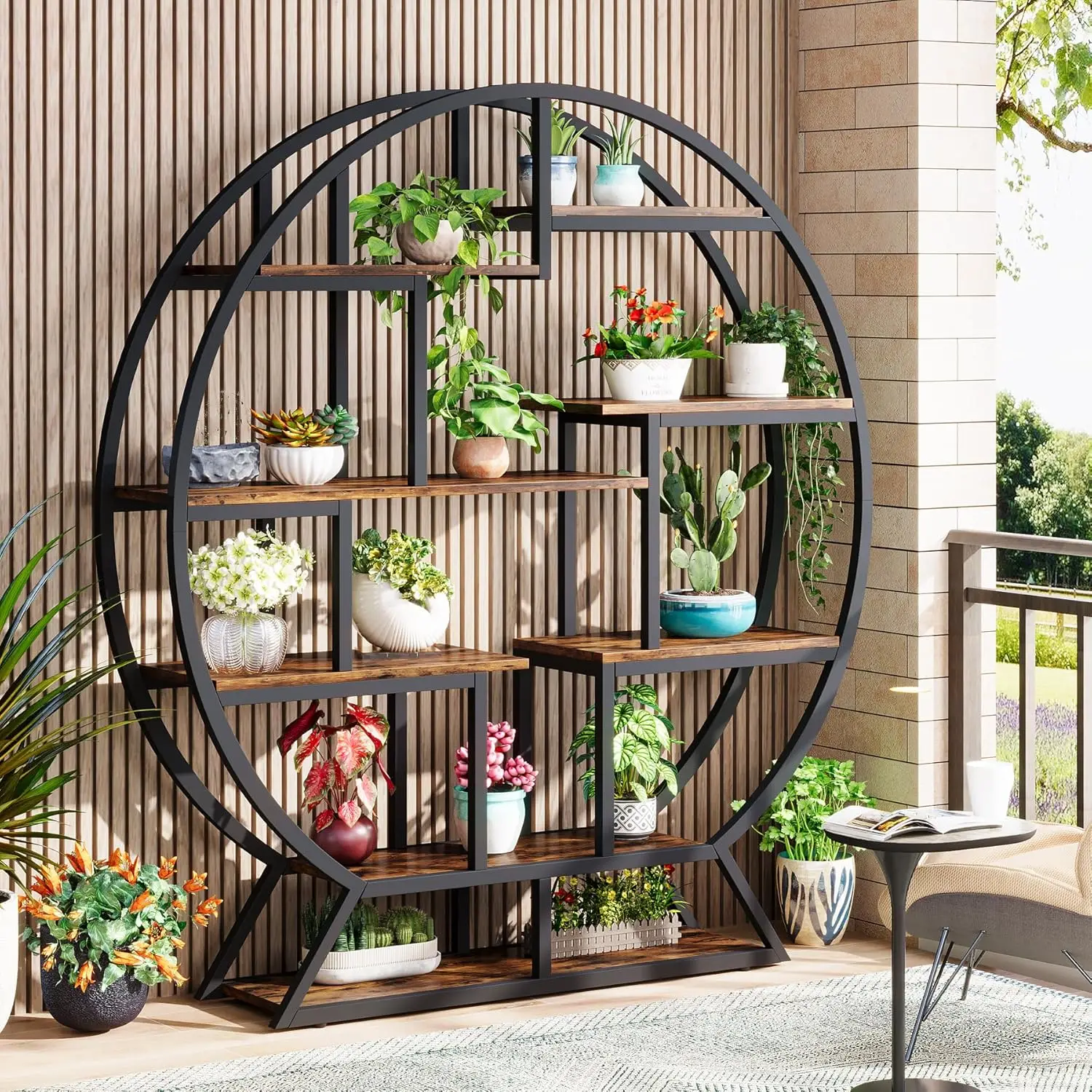 Indoor Plant Stand, 63 Inch Round Plant Shelf Holder, Multipurpose Flower Pot Stands with 8 Shelves, Metal and Wood Bonsai Potte