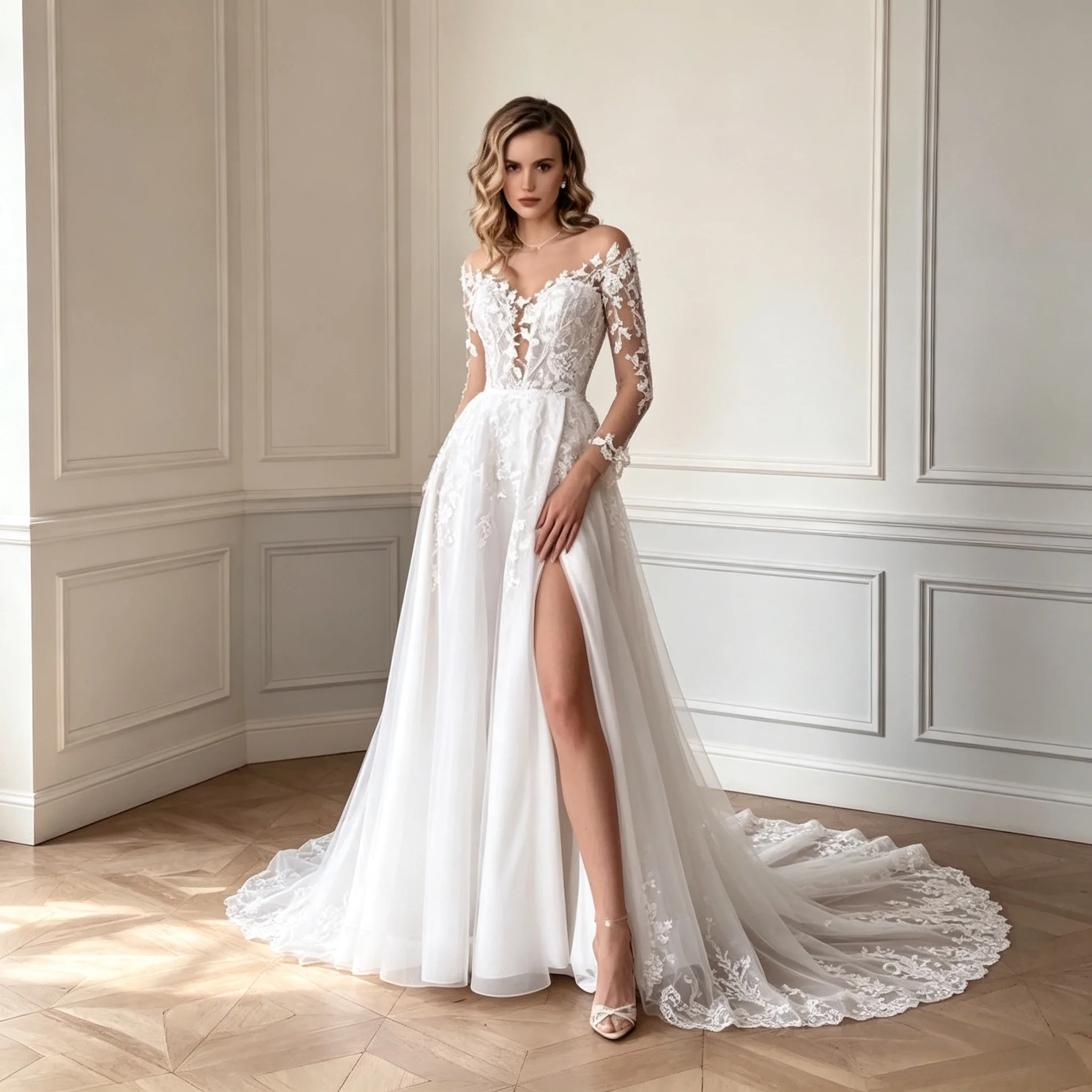 Customized Illusion Back Scoop Applique A Line Tulle Vestidos De Novia  Sheath Elegant WLength Side Slit Gown For Bride