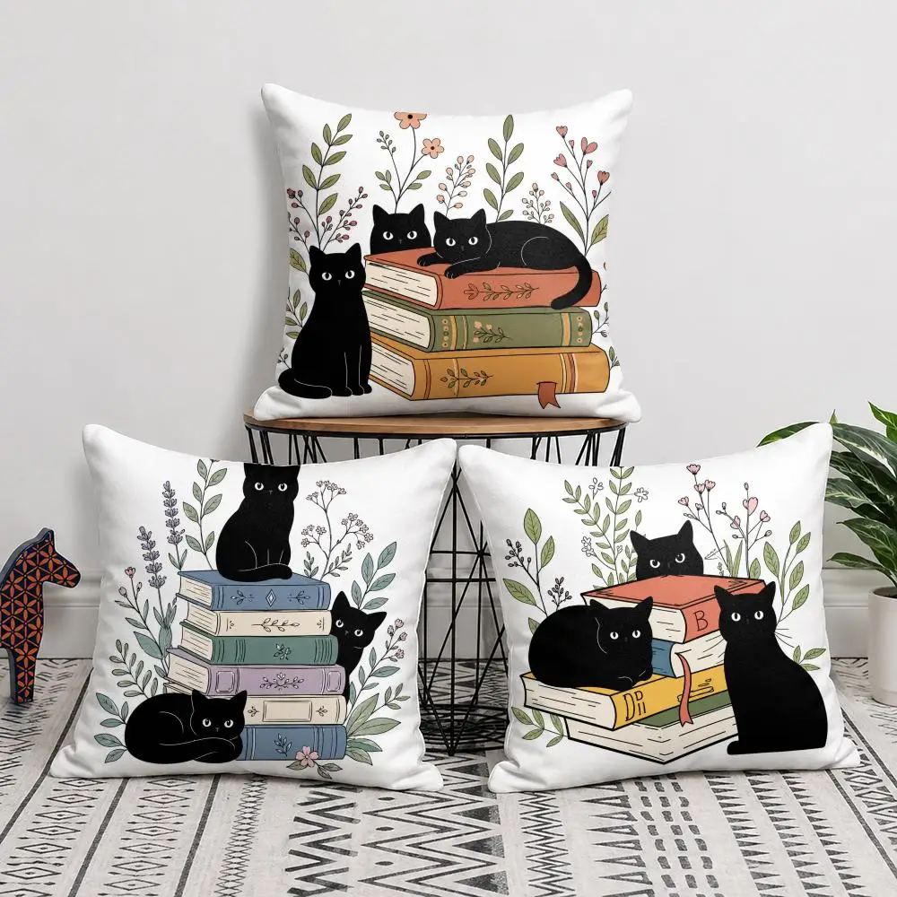 Black Cats With Books Cushion Cover Short Plush Soft Double-Sided Printing Pillow Case Cozy Sofa Bedroom Home Decor Gift
