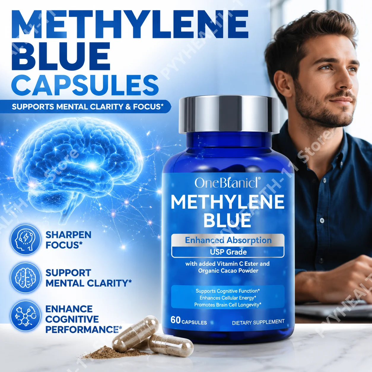 OneBtanicl Methylene Blue Capsules,Provide Antioxidant,Energy,Anti Fatigue,Support Mental Concentration,for Adults,60 Capsules