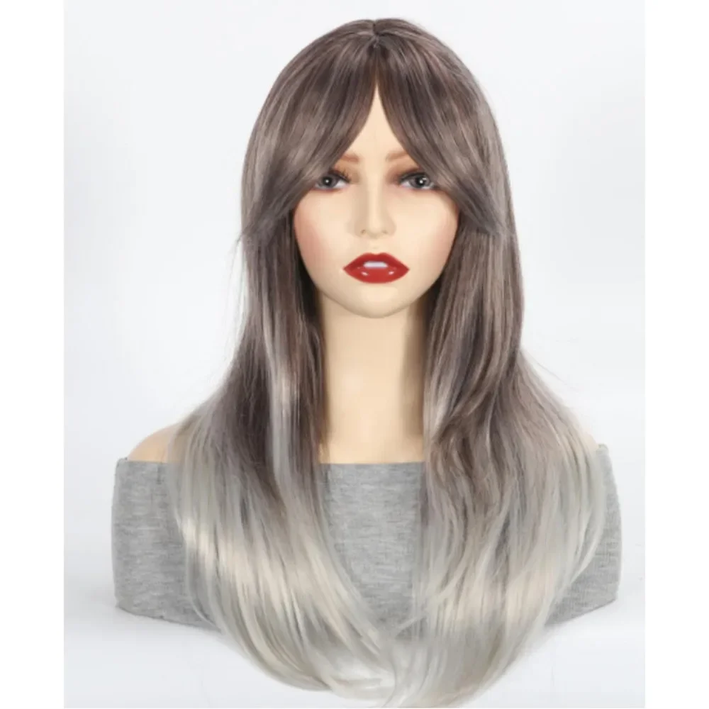 Gradient Gold Gray Long Straight Synthetic Wig Women Simulation Cosplay Full Head Cover