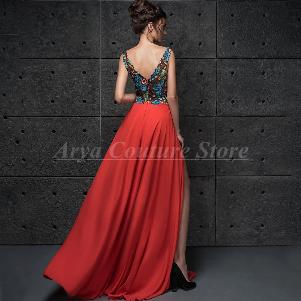 Classic Red V-Neck Embroidered Evening Dress Sexy Side Slit Sleeveless Exquisite Backless Women\'s Party Vestidos De Noche