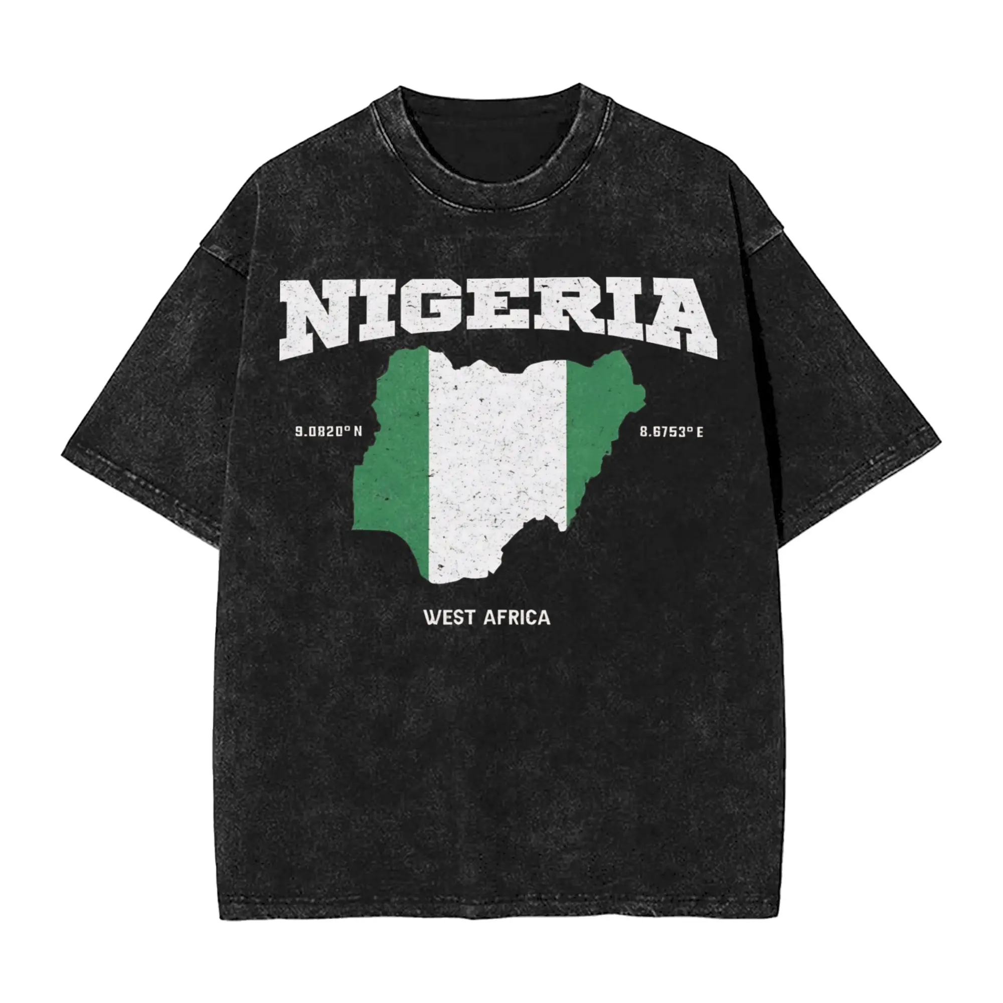 Nigeria flag and map T Shirt Hip Hop Washed Short Sleeve Oversize T-Shirt  Vintage Men Women Streetwear Summer Tee Shirt