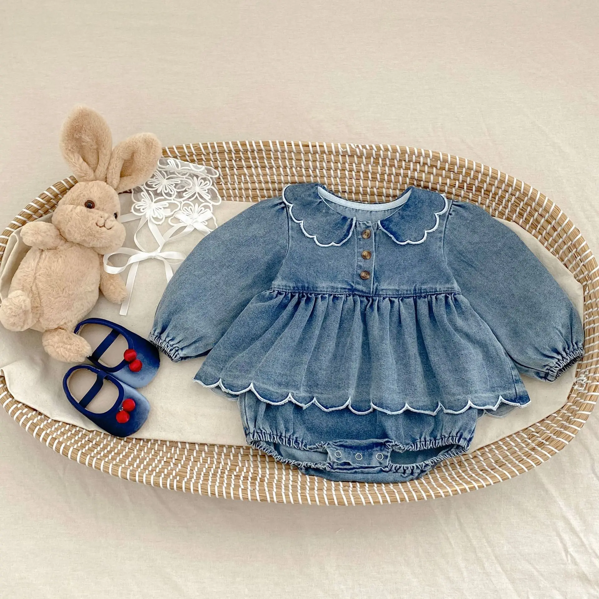 

​​2025 Spring Fall Baby Infant Girl Denim Romper Dress Wave Lace Trim Long Sleeve Korean Style Outfit 0-24 Months