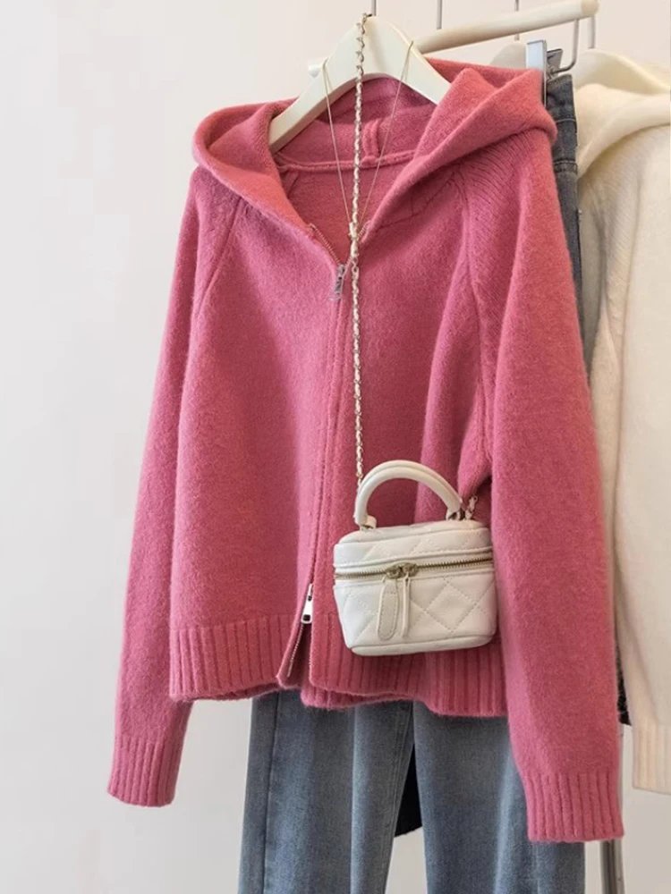 

Pink Knitted Hooded Open Cardigan Women's plus Size Spring Outerwear Double Zipper Shoulder-Length Sleeve Loose Fit Long Sleeve