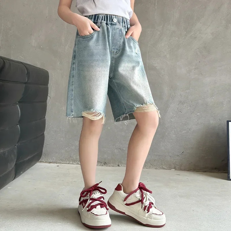 Teenage Girls Shorts New Summer Fashion Elastic Waist Cotton School Denim Knee-Length Pants Kids 4 6 8 10 11 12 13 14 Year