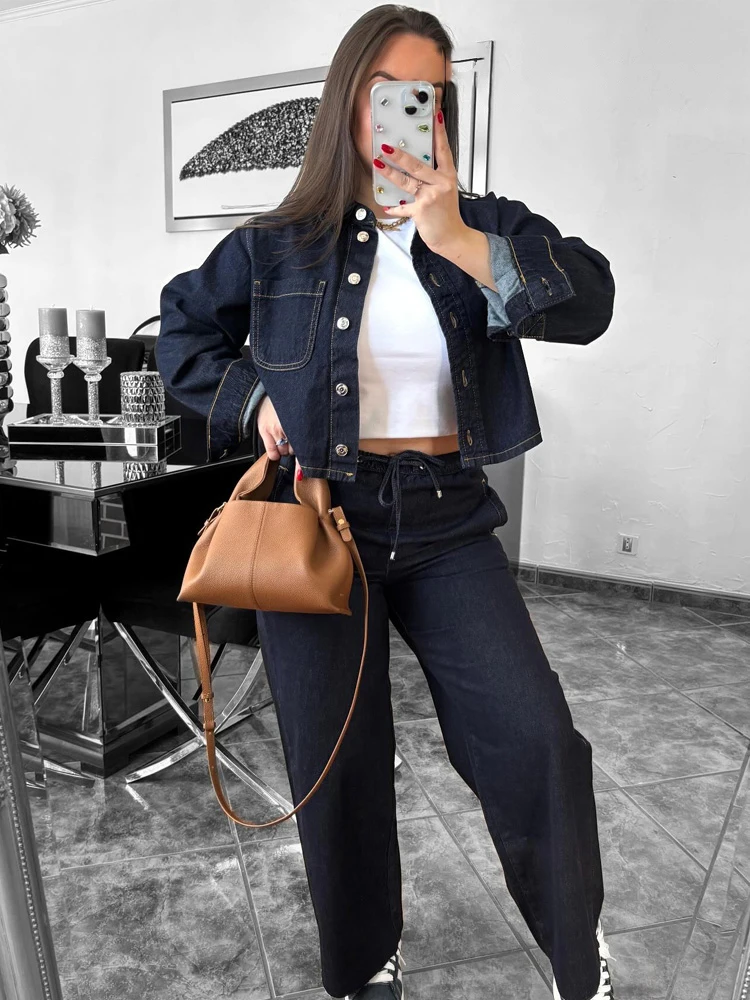 

HH Women Fashion Pants Suit Single-Breasted Lapel Long Sleeve Denim Coat+Drawstring Pockets Solid Straight Long Jeans