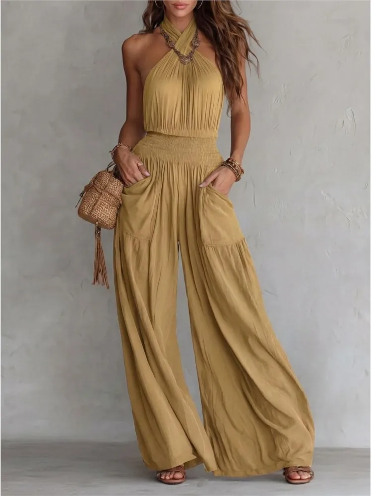 Women Bohemian Backless Sleeveless Wide Leg Jumpsuit High Waist Pleated Pockets Wide Leg Pants Holiday Casual Streetwear Rompers