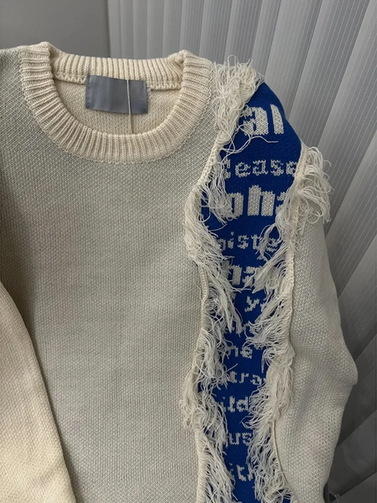 

Ретро-свитер в американском стиле с эффектом потертости и вставками, круглый вырез, женский, осенне-зимний, теплый, свободный крой, универсальный, для пар, вязаный.