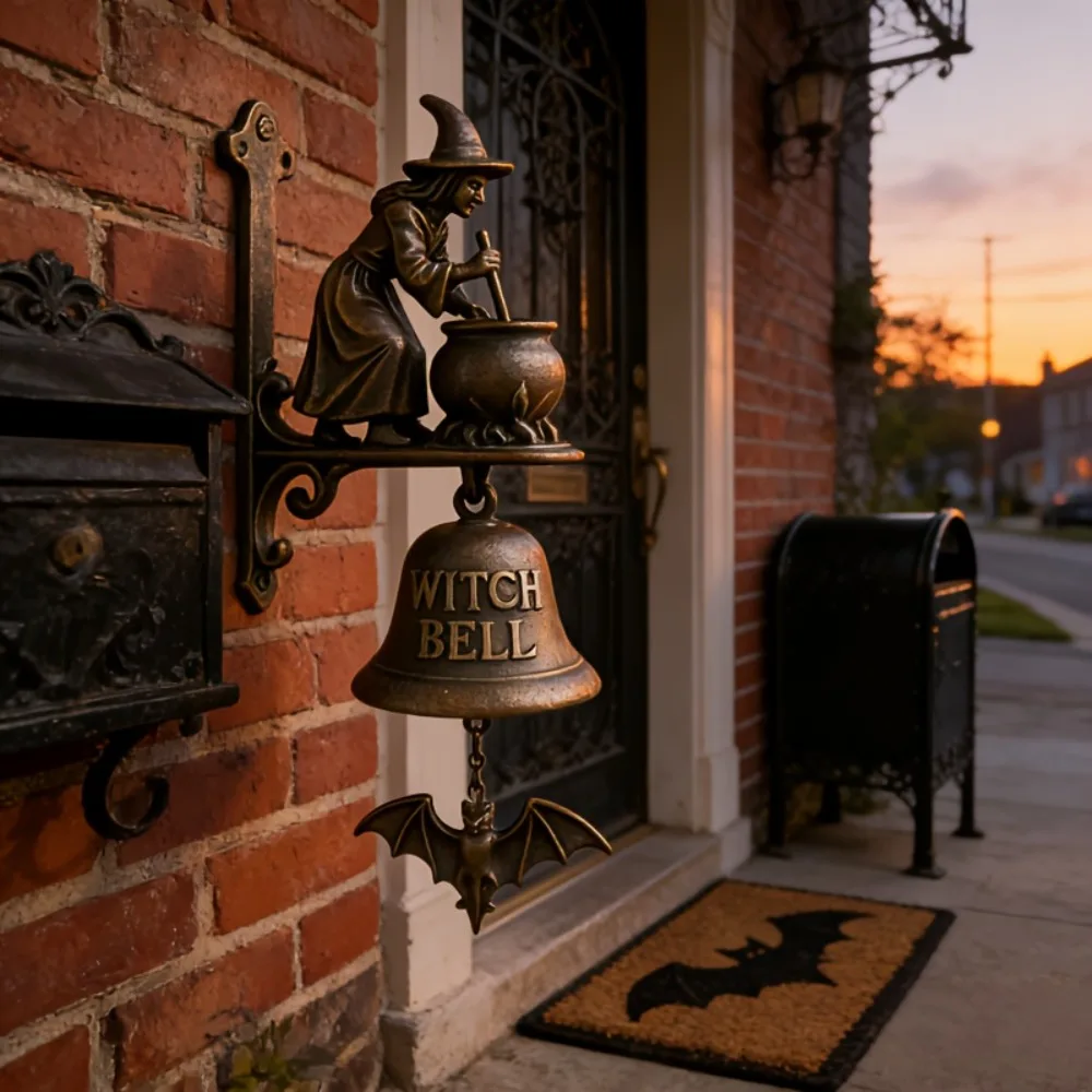 Vintage Halloween Witch Doorbell Alloy Sounding Witch Wind Chimes Copper-colored Wall-mounted Witch Hanging Ornament Entrance