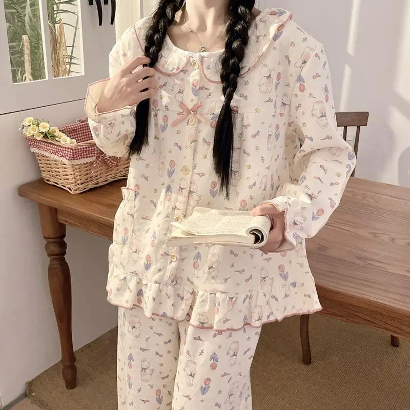 

Spring autumn Women's pajamas long sleeves cute little rabbit Comfortable Sleepwear cartoon winter Pajama Set homewear suit ﻿